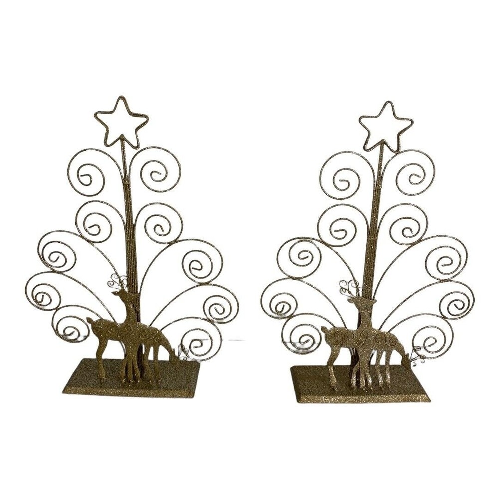 2 Christmas Reindeer Card Photo Holder Metal Gold Glitter Tree Star 17.5" Tall